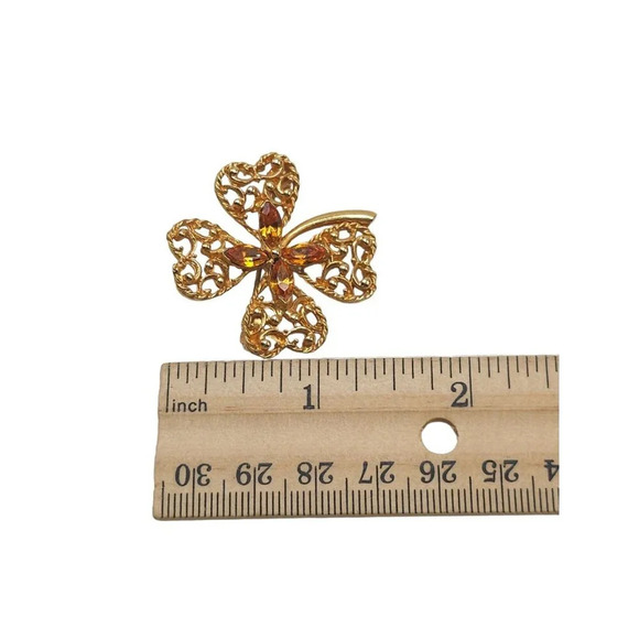 Orange Crystal Rhinestone Flower Open Work Brooch Pin Gold Tone Vintage - Picture 4 of 4